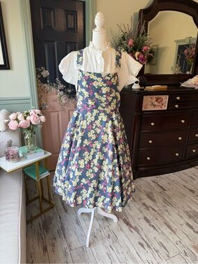 Floral Suspender Midi Dress in Navy with Yellow & Pink Blossoms